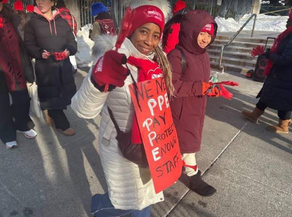 A nurse on the picket line outside Mount Sinai Hospital on Feb. 6.