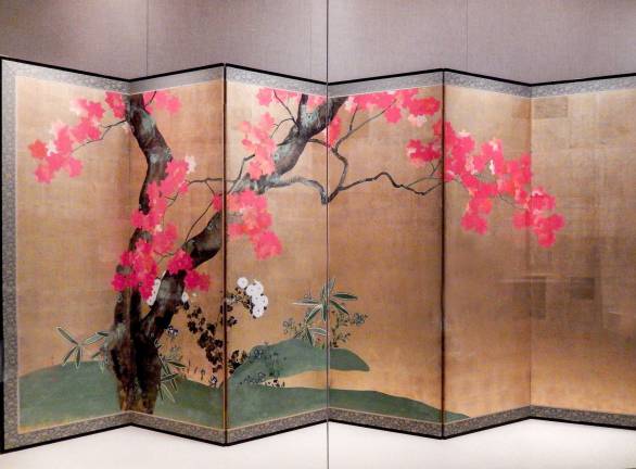 Sakai Hoitsu's red maple fills one side of a pair of folding screens. It's one of the masterpieces included in &#x201c;The Poetry of Nature.&#x201d; Photo: Adel Gorgy