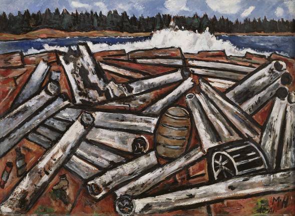 Marsden Hartley (American, 1877-1943). Log Jam, Penobscot Bay, 1940&#x2013;41. Oil on masonite, 30 x 40 7/8 in. (76.2 x 103.8 cm). The Detroit Institute of Arts, Gift of Robert H. Tannahill.