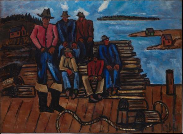 Marsden Hartley (American, 1877-1943). &quot;Lobster Fishermen,&quot; 1940&#x2013;41. Oil on hardboard (masonite), 29 3/4 x 40 7/8 in. (75.6 x 103.8 cm). The Metropolitan Museum of Art, Arthur Hoppock Hearn Fund