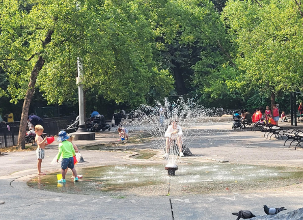 A view of the current “splash zone” and built-in stream at River Run Playground, off West 82nd Street. The park was set to lose the river during a proposed overhaul, but community rage has forced the city to reverse course.