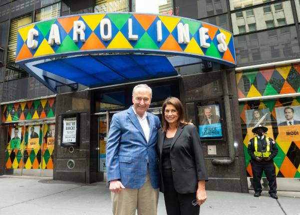 Caroline Hirsch of Carolines on Broadway with Sen. Chuck Schumer at the re-opening on May 31. Photo: Diane Bondareff