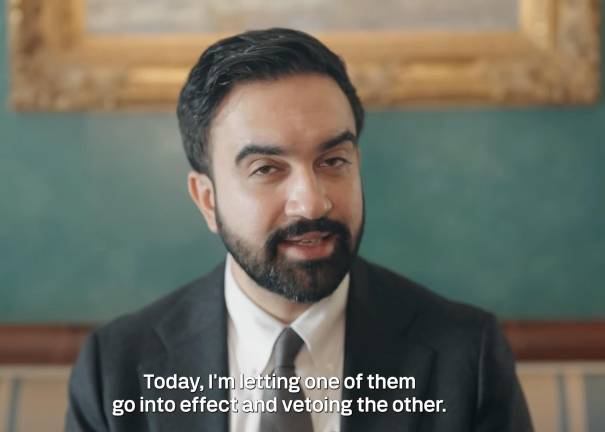 Mayor Mamdani explaining his veto of the school protest buffer zone bill on YouTube.