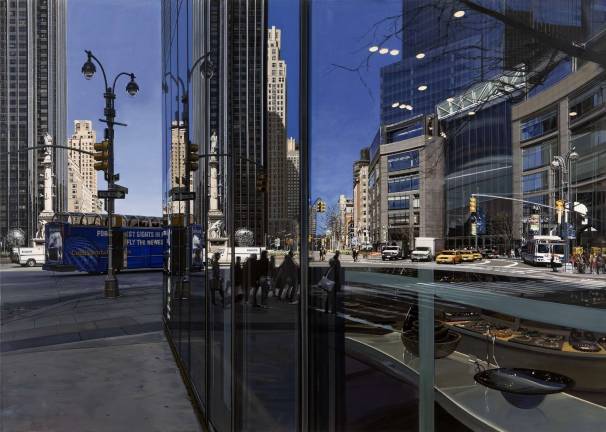 Richard Estes &#x201c;Columbus Circle Looking North,&#x201d; 2009 Oil on canvas, 40 inches by 56 1/4 inches. Linden and Michelle Nelson Tenants by the Entirety &#xa9; Richard Estes, courtesy Marlborough Gallery, New York