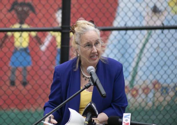 Council Member Gale Brewer speaks at a rally in support of Ukraine in 2022 at P.S. 145, The Bloomingdale School.