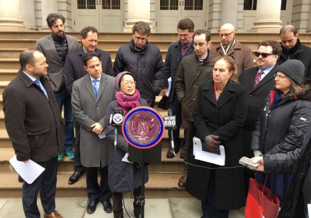 Council Member Margaret Chin - flanked by Council Members Corey Johnson, Dan Garodnick, Helen Rosenthal and Borough President Gale Brewer - voices her support at a rally for two City Council bills that would exempt affordable grocers from the commercial rent tax and lessen its effects on other businesses.&#xa0;Photo: Madeleine Thompson