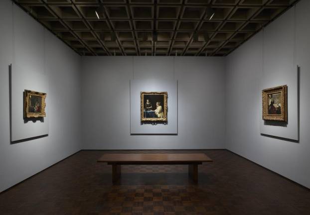 Room 6: Three paintings by Vermeer (from left, “Girl Interrupted at Her Music,” “Mistress and Maid,” and “Officer and Laughing Girl”) as shown at Frick Madison by The Frick Collection. Photo: Joe Coscia