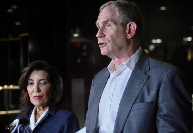 Gov. Kathy Hochul (left) and MTA Chair &amp; CEO Janno Lieber at MTA Headquarters on Monday, May 18, 2026, where they announced a labor deal with five Long Island Rail Road unions who had been on strike for two days.