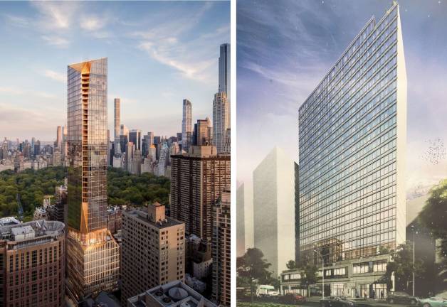 A rendering (left) shows plans for a 775-foot residential tower on West 66th Street. Extell Development previously secured approvals for a more modest 25-story development at the site (right) before filing plans for the taller building, prompting Council Member Helen Rosenthal to call the move a “procedural bait-and-switch.” Images: (Left) Snøhetta; (Right) DOB notice at worksite