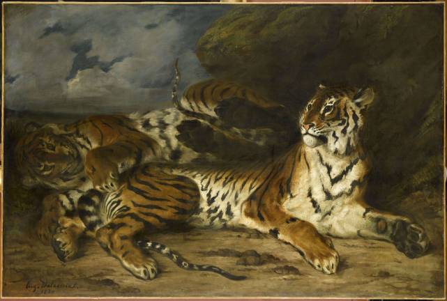 The size of this painting surprised visitors. It was as big as paintings of historical subjects. One critic wrote, &#x201c;This unusual artist has never painted a man who looks like a man in the way his tiger looks like a tiger.&#x201d; Eug&#xe8;ne Delacroix, (French, 1798&#x2013;1863). &#x201c;Young Tiger Playing with Its Mother,&#x201d;1830. Oil on canvas. 130 x 195 cm. Mus&#xe9;e du Louvre, Paris. &#xa9; RMN-Grand Palais (Mus&#xe9;e du Louvre) / Franck Raux