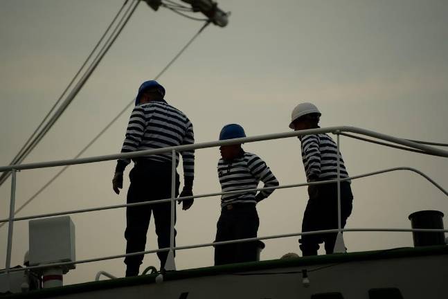 Shown above, some of the Mexican sailors who remained with the Cuauhtémoc while it was moored at Pier 36 in Manhattan following the deadly crash on May 17.