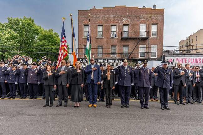 Final salute for Police Officer Didarul Islam from (left to right) Gov. Kathy Hochul, Mayor Eric Adams, NYPD Commissioner Jessica Tisch, Deputy Mayor Kaz Daughtry, and NYPD top brass in the Bronx on July 31.