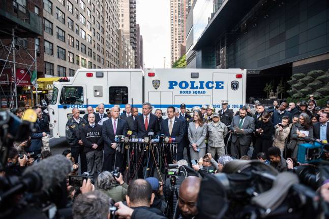 &#x201c;Let&#x2019;s just say this to all public officials of all partisan affiliations: don&#x2019;t encourage violence, don&#x2019;t encourage hatred, don&#x2019;t encourage attacks on media,&#x201d; Mayor Bill de Blasio said at a press conference outside the Time Warner Center. Photo: Michael Appleton/Mayoral Photography Office