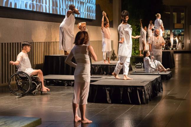 Heidi Latsky Dance performing ON DISPLAY at the David Rubenstein Atrium, Lincoln Center, 2015. Photo: Darial Sneed