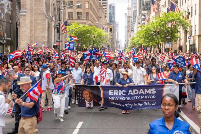 Mayor Eric Adams celebrating at the parade, just two weeks before the primary elections.