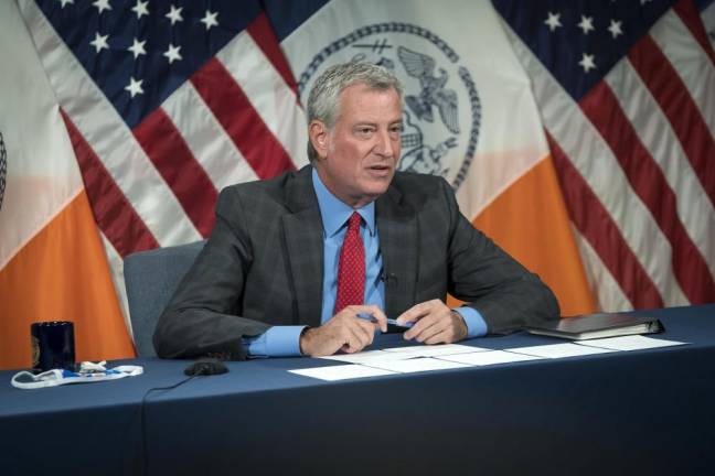 Mayor Bill de Blasio at a briefing at City Hall on Monday, August 2, 2021. Photo: Ed Reed/Mayoral Photography Office.
