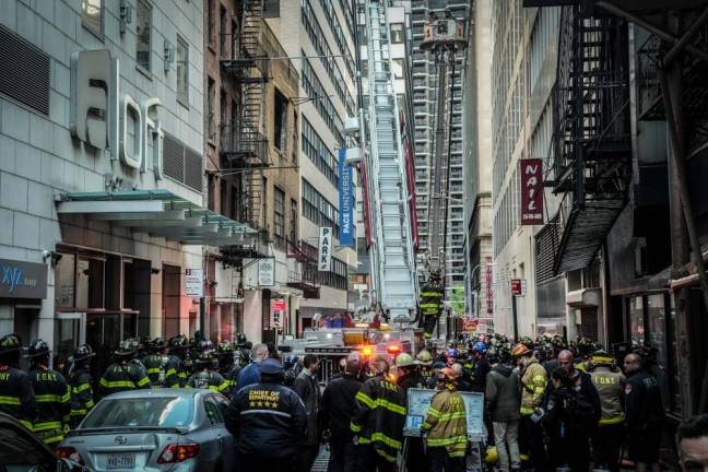 <b>The scene of a parking garage collapse on Ann Street in Lower Manhattan on Tuesday, April 18, 2023.</b> Michael Appleton/Mayoral Photography Office