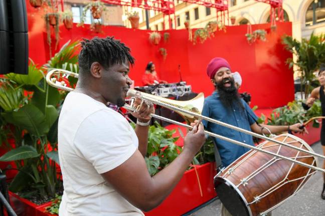 Earnest Stewart, Sonny Singh performing at Rashid Johnson’s Red Stage Astor Place. Photo: Matteo Prandoni/BFA.com