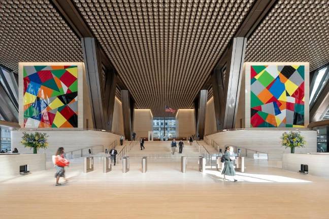 The lobby on the Madison Avenue side features Gerhard Richter (left and right) and Lord Norman Foster (center rear) art.