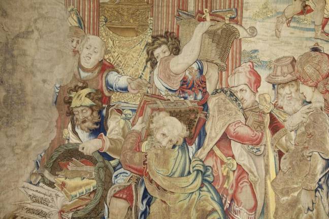 Designed by Pieter Coecke van Aelst (Netherlandish, Aelst 1502–1550 Brussels); possibly woven under the direction of Paulus van Oppenem (Brussels, active ca. 1510–45). Detail of “Saint Paul Directing the Burning of the Heathen Books,” from a nine-piece set of the “Life of Saint Paul,” before September 1539. Wool (warp), wool, silk, silver, and gilded-silver metal-wrapped threads (wefts). Private collection