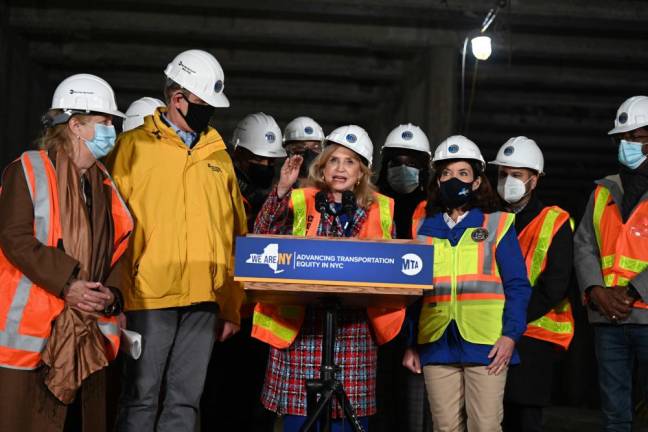 Left to right, front row: Manhattan Borough President Gale Brewer; Janno Lieber, acting chair of the MTA; Rep. Carolyn Maloney; and Governor Kathy Hochul during tour of the Second Avenue tunnel on Nov. 23, 2021. Photo: Kevin P. Coughlin / Office of the Governor