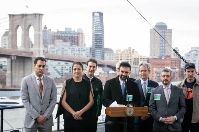 Mayor Mamdani at Pier 17 announcing Brooklyn Bridge access improvements to eliminate the bottleneck on the Manhattan side of the Brooklyn Bridge on, March 27.