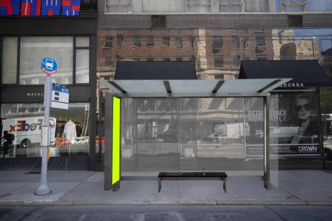 A rendering prepared by the Madison Avenue Business Improvement District shows how a bus shelter would effectively block storefronts on the narrow avenue, obstructing sightlines and pedestrian access.