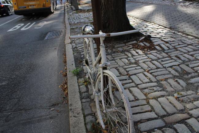 Ghost bike near 72nd Street and Fifth Avenue commemorating the death of a cyclist. Photo: Gaby Messino