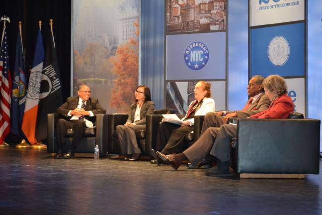 The panel discussion that Borough President Gale Brewer held in lieu of the traditional State of the Borough address. From left to right: Jaime Estades, Gigi Li, Gale Brewer, H. Carl McCall, Ruth Messinger