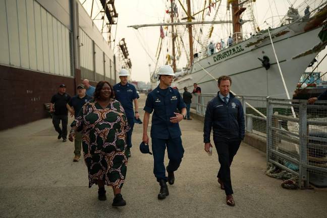 City officials at Pier 36 in Manhattan, OEM boss Zach Iscol at right.