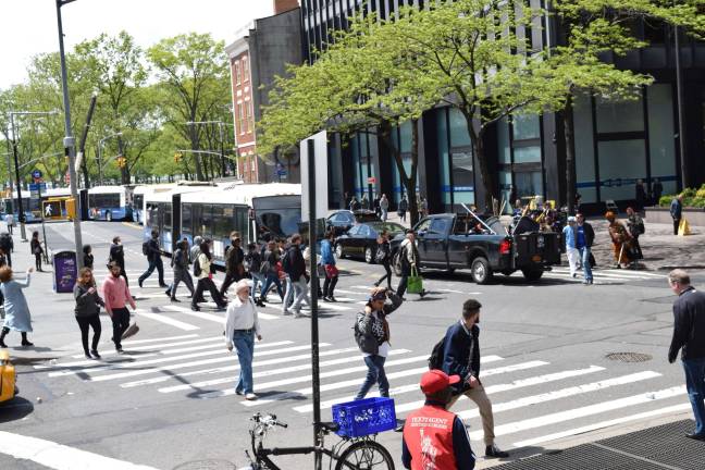 The intersection of Whitehall Street with State Street and Water Street in the Financial District includes an &#x201c;exclusive pedestrian phase&#x201d; signal that stops traffic for pedestrians in all directions. Photo: Michael Garofalo