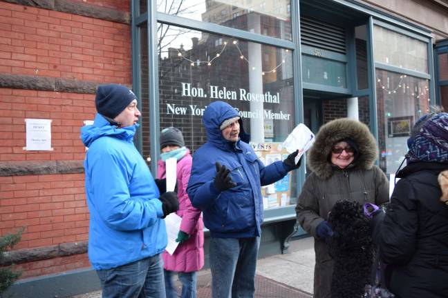 Cary Goodman, center, and other Upper West Side residents picket outside Councilmember Helen Rosenthal&#x2019;s office on Monday, Jan. 18. Goodman opposes the American Museum of Natural History&#x2019;s expansion into Theodore Roosevelt Park.