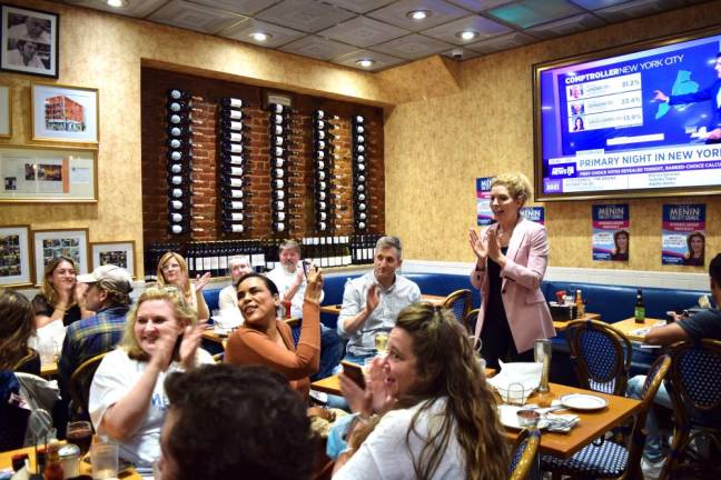Julie Menin celebrating with supporters at The Mansion diner on election night. Photo: Emily Higginbotham