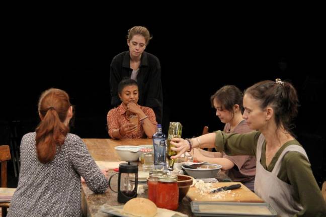 Left to right: Haviland Morris, Rita Wolf, Charlotte Bydwell, Matilda Sakamoto and Yvonne Woods in a scene from “What Happened?: The Michaels Abroad,” written and directed by Richard Nelson. Photo: Jason Ardizzone-West