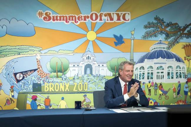 Mayor Bill de Blasio at his daily briefing on Thursday, July 22, 2021. Photo: Ed Reed/Mayoral Photography Office.