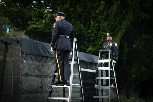 Preparing for the unveiling, NYPD Memorial, Oct. 15, 2025.