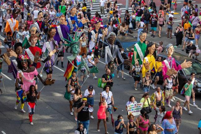 Figures of LGBT+ history at Pride 2021. Photo: Trish Rooney