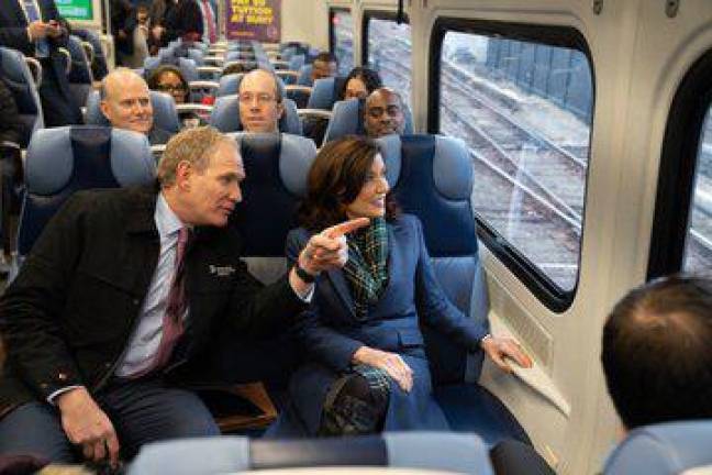MTA boss Janno Lieber points out some of the sights to Gov. Kathy Hochul on the LIRR’s much delayed first ride from Jamaica into the new Grand Central Madison Terminal on the East Side of Manhattan.