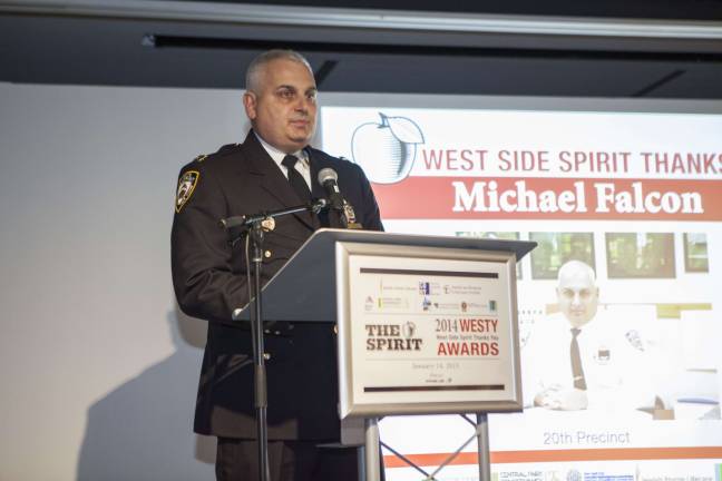 Captain Michael Falcon of the 20th precinct accepted his WESTY Award and credited the neighborhood&#x2019;s drop in crime to his hard-working officers. Photo by Mary Newman