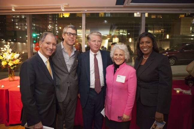 From left, Straus News Chief Revenue Officer Vincent Gardino, West Side Spirit Editor-in-Chief Kyle Pope, Manhattan District Attorney Cyrus Vance, Jr., Straus News President Jeanne Straus, and Public Advocate Letitia James. Photo by Mary Newman