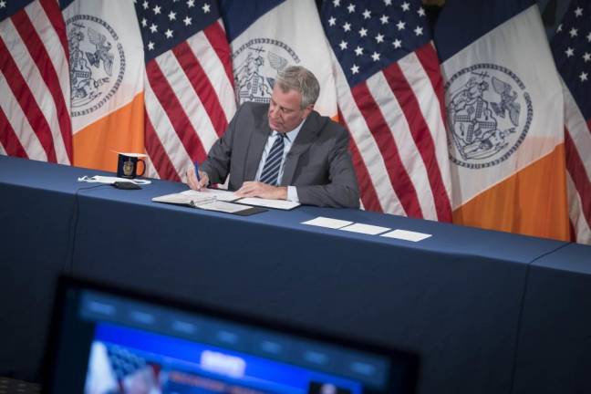 Mayor Bill de Blasio at a press briefing on Tuesday, September 7, 2021. Photo: Ed Reed/Mayoral Photography Office.