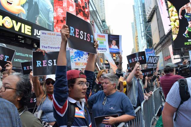 Hundreds of protesters assembled in Times Square on July 26 in response to President Trump&#x2019;s announcement of a ban on transgender military service. Photo: Michael Garofalo
