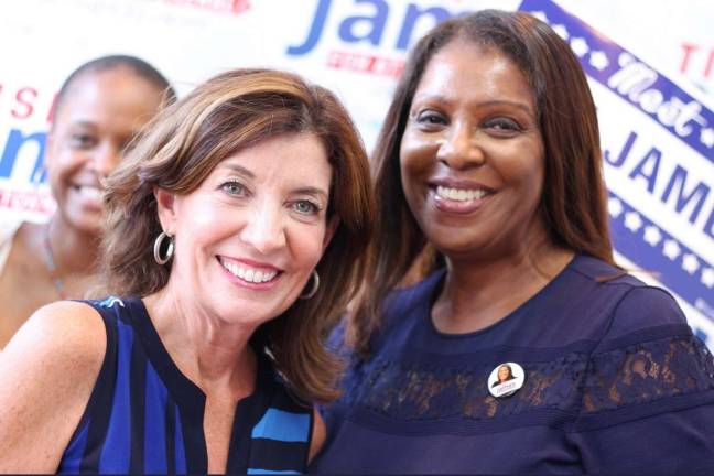 Leticia James, right, the city's public advocate, is one of four candidates running for attorney general. She is pictured with Lieutenant Governor Kathy Hochul earlier this month. Photo: Courtesy of Leticia James