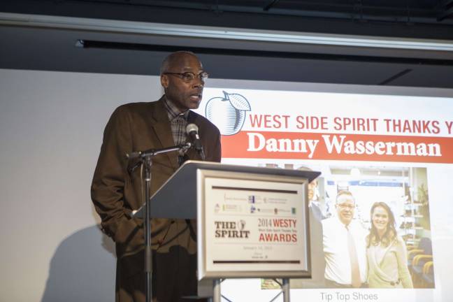 State Senator Bill Perkins introduced WESTY Award winner Danny Wasserman of Tip Top Shoes. Photo by Mary Newman