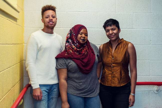 Left to right: Poet and performer Najee Omar and visual artist and writer Kameelah Janan Rasheed, advisors on The Shed's DIS OBEY pre-opening program for young artists, with The Shed's assistant producer of partnership productions, Maria Fernanda Snellings. Photo courtesy of The Shed