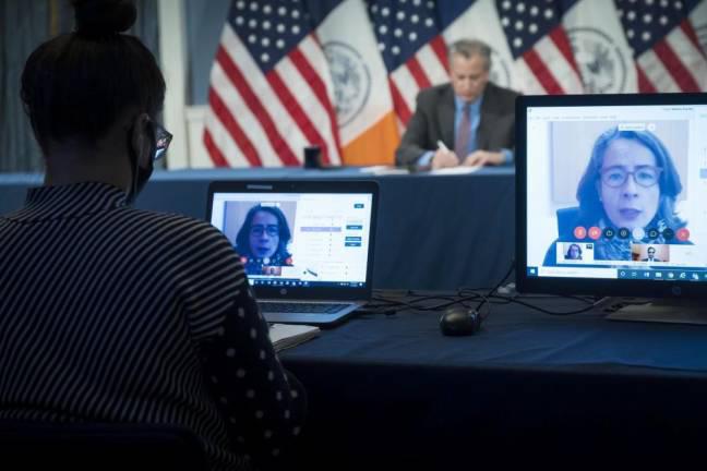 Dr. Oxiris Barbot on screen at a media briefing by Mayor Bill de Blasio at City Hall, May 1, 2020. ( Photo: Ed Reed/Mayoral Photography Office.)
