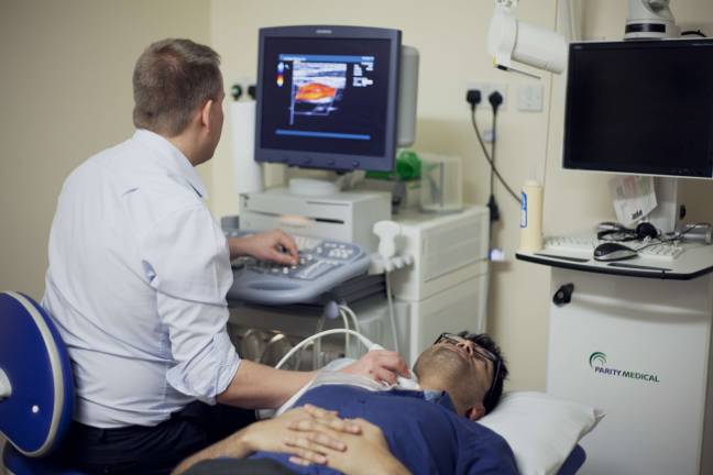 Ultrasound scans are commonly used to evaluate blood flow through blood vessels in the neck. Strokes are the result of an interruption of blood flow to the brain. Photo: Stroke Association
