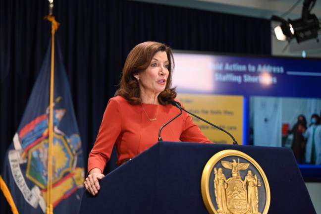 Governor Kathy Hochul delivers the weekly COVID-19 update briefing for New York State at the Governor’s New York City office on September 30, 2021. Photo: Kevin P. Coughlin / Office of the Governor