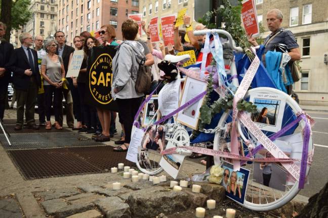 Street safety advocates gathered Sept. 17 to dedicate a &#x201c;ghost bike&#x201d; in memory of Madison Jane Lyden, a cyclist who was struck and killed on Central Park West near 67th Street on Aug. 10. Photo: Michael Garofalo