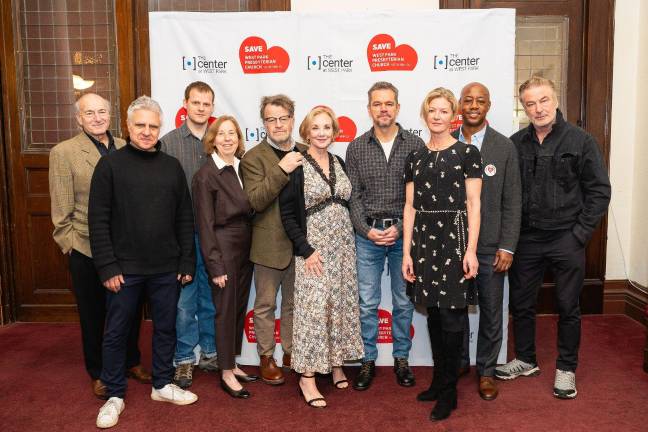 Celebrities such as Alec Baldwin (far right) and Matt Damon (fourth from right) came together to stage a benefit reading of a Kenneth Lonergan play on Oct. 17, with the hope of halting any possible demolition of West Park Presbyterian. (Lonergan is fifth from left.)